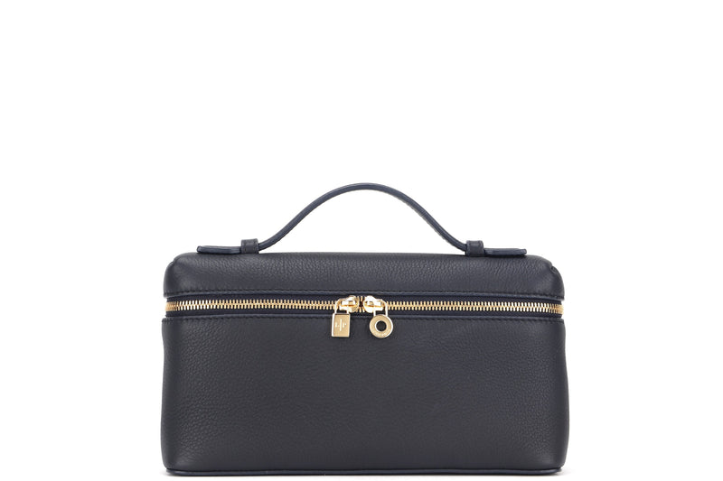 LORO PIANA EXTRA POCKET L19 BLUE BLACK COLOR CALF LEATHER GOLD HARDWARE, WITH STRAP, DUST COVER & BOX