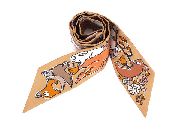 HERMES SILK TWILLY RABBITS BEIGE DORE, ABRICOT & BLANC, WITH BOX