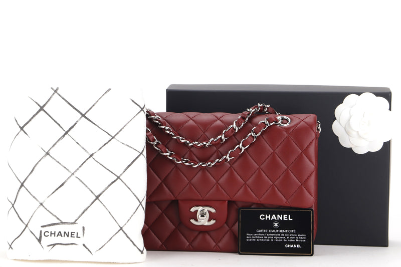 CHANEL CLASSIC FLAP (2838xxxx) MEDIUM SIZE MAROON LAMNSKIN SILVER HARDWARE, WITH CARD, DUST COIVER & BOX