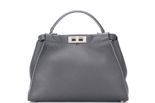 FENDI (8BN-290-N5A-159-3262) PEEKABOO LARGE GREY GRAINED CALF LEATHER SILVER HARDWARE, WITH CARD, RAINCOAT, DUST COVER & BOX, NO STRAP