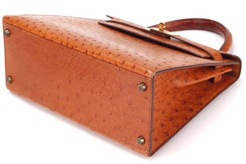 (EXOTIC) HERMES VINTAGE KELLY 28CM (STAMP U YEAR 1991) OSTRICH COGNAC GOLD HARDWARE, WITH STRAP, LOCK, KEYS & DUST COVER