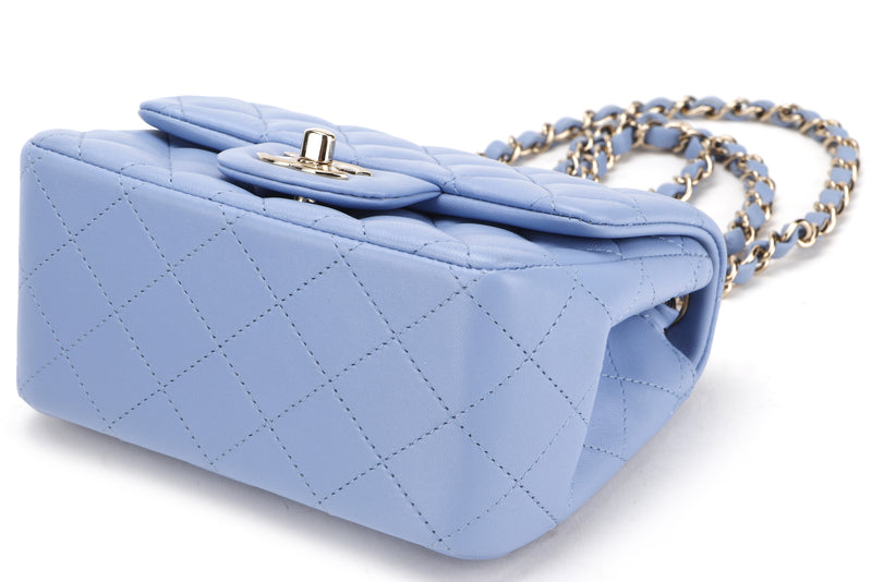 CHANEL CLASSIC MINI SQUARE (3071xxxx) LIGHT BLUE LAMBSKIN LIGHT GOLD HARDWARE, WITH CARD, DUST COVER & BOX