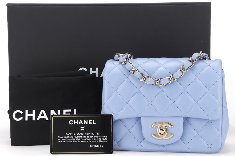 CHANEL CLASSIC MINI SQUARE (3071xxxx) LIGHT BLUE LAMBSKIN LIGHT GOLD HARDWARE, WITH CARD, DUST COVER & BOX