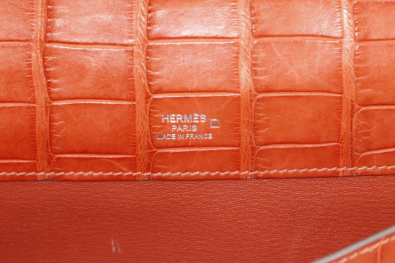 (EXOTIC) HERMES KELLY CUT [STAMP T (2015)] MATTE ORANGE ALLIGATOR SILVER HARDWARE, WITH BOX, NO DUST COVER
