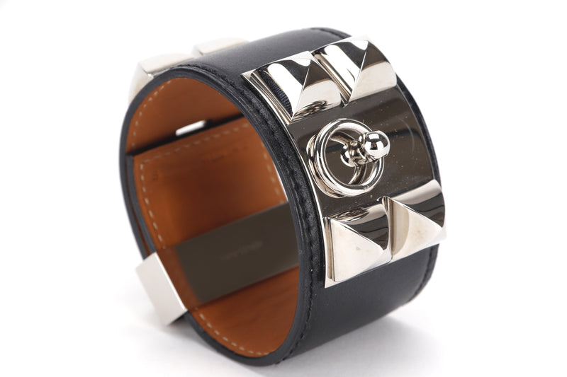 HERMES COLLIER DE CHIEN BRACELET [STAMP O SQUARE (2011)] BLACK COLOR SWIFT LEATHER SILVER HARDWARE, WITH DUST COVER &amp; BOX