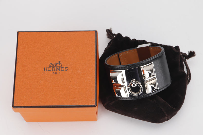 HERMES COLLIER DE CHIEN BRACELET [STAMP O SQUARE (2011)] BLACK COLOR SWIFT LEATHER SILVER HARDWARE, WITH DUST COVER &amp; BOX