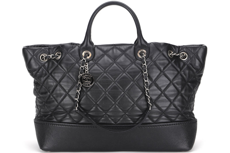 CHANEL 2 WAY USE CALF LEATHER WITH CAVIAR TRIM BLACK SHOULDER TOTE (1926xxxx) SILVER HARDWARE, W36CM, WITH CARD, NO DUST COVER