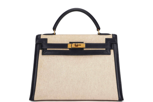 HERMES KELLY 32 (STAMP X CIRCLE) INDIGO BLUE TOILE CANVAS GOLD HARDWARE, WITH KEYS, LOCK, STRAP & DUST COVER
