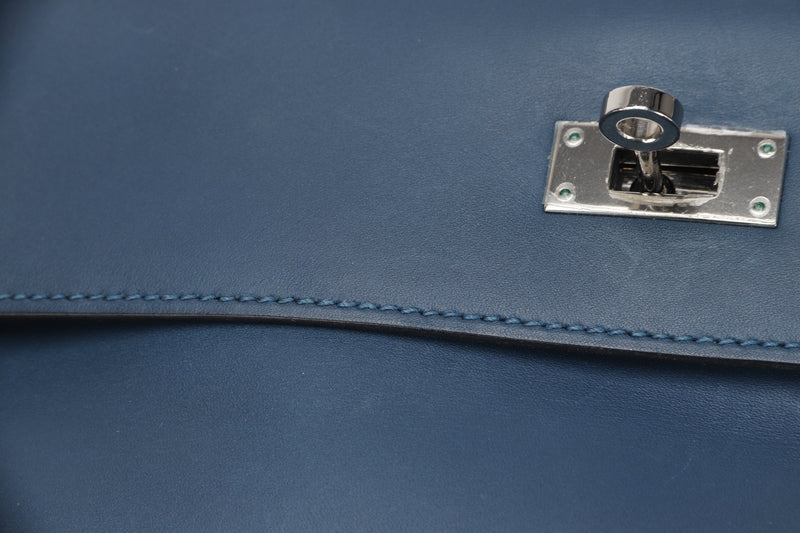 HERMES KELLY 35 (STAMP O) BLUE THALASSA SWIFT LEATHER SILVER HARDWARE, WITH KEYS, LOCK, STRAP & DUST COVER