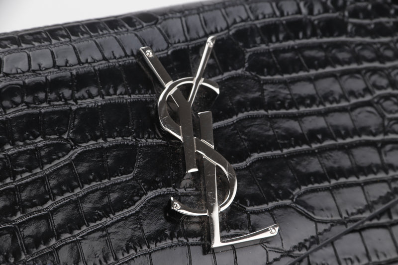 SAINT LAURENT YSL UPTOWN POUCH (MAL565739.0719) CROC EMBOSSED LEATHER MEDIUM BLACK SILVER HARDWARE, WITH CARD, DUST COVER & BOX