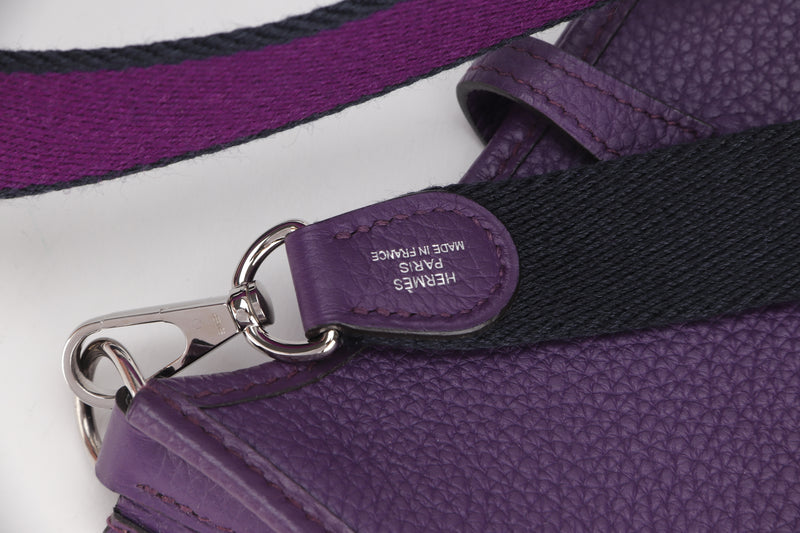 HERMES MINI EVELYNE TPM (STAMP P) PURPLE CLEMENCE LEATHER SILVER HARDWARE, WITH STRAP, DUST COVER &amp; BOX