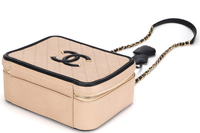 CHANEL FILIGREE VANITY CASE (2805xxxx) LARGE BEIGE & BLACK CAVIAR LEATHER, WITH CARD, LOCK, KEY & DUST COVER