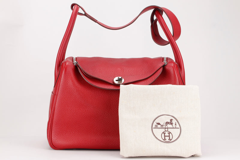 HERMES LINDY 34CM (STAMP O) ROUGE GARANCE COLOR TOGO LEATHER, SILVER HARDWARE, WITH DUST COVER
