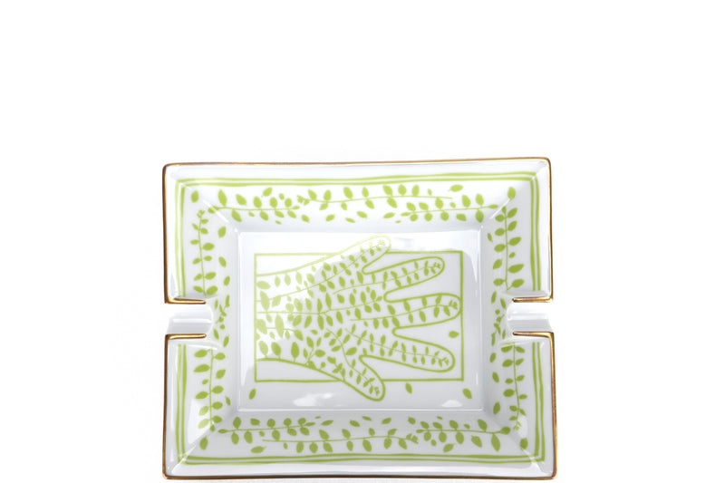 HERMES PORCELAINE ASH TRAY WITH GREEN FINGER PRINT AND GOLD TRIM, WITH BOX