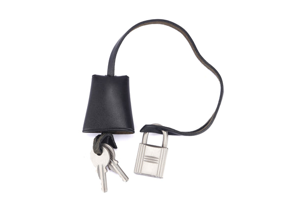 HERMES BRUSHED SILVER HARDWARE LOCK & KEYS WITH BLACK BOX LEATHER CLOCHETTE  SET, WITH BOX