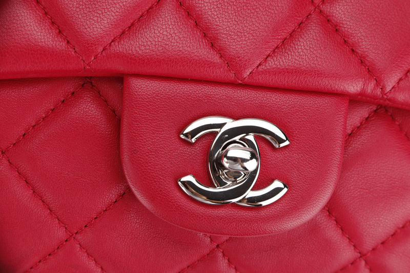 CHANEL CC FLAP (1912xxxx) JUMBO DARK PINK LAMBSKIN SILVER HARDWARE, WITH CARD & DUST COVER