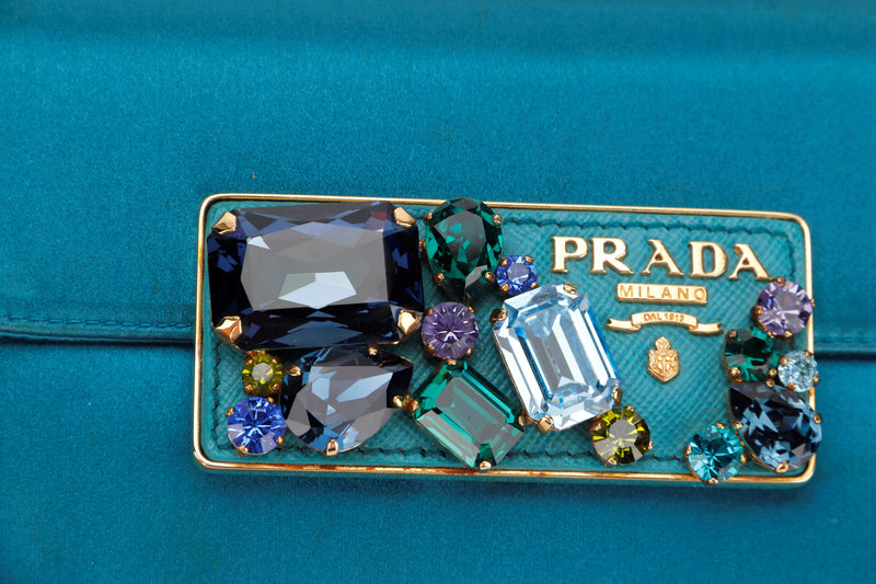 PRADA BP0180 CLUTCH TURQUOISE RASO STONES, WITH CARD & DUST COVER