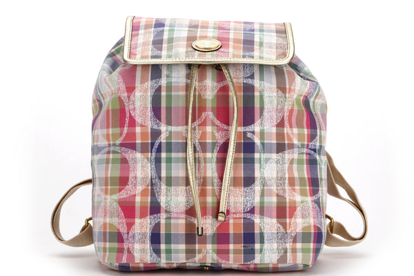 coach checkered backpack coach f77342 backpack (m1260), multicolour madras canvas gold hardware,  with dust cover