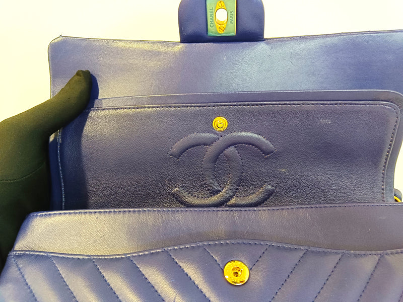 CHANEL CLASSIC DOUBLE FLAP (2122xxxx) MEDIUM BLUE CHEVRON LAMBSKIN GOLD HARDWARE, WITH CARD, NO DUST COVER