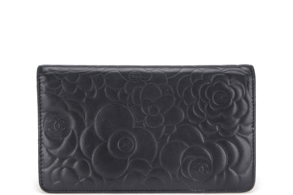 CHANEL CAMELLIA BLACK LAMBSKIN LEATHER LONG WALLET (1671xxxx) SILVER HARDWARE, WITH CARD & BOX