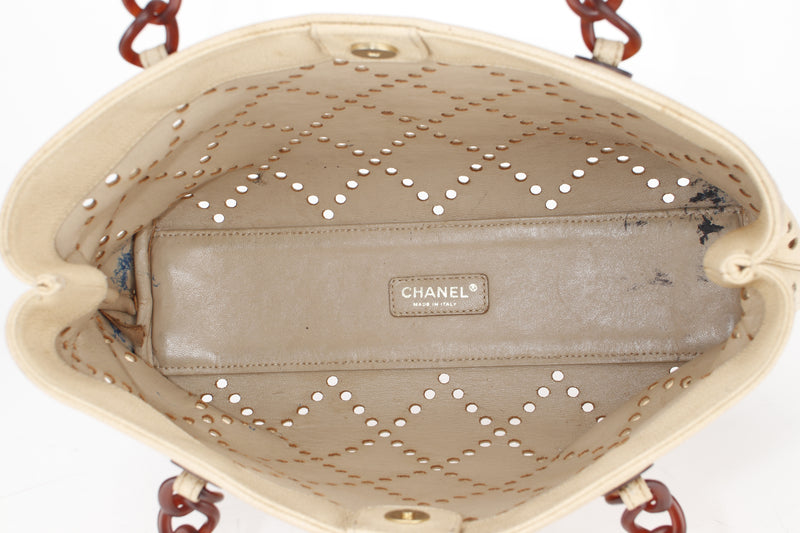 CHANEL TOTE BAG (875xxxx) BEIGE CAVIAR LEATHER, BROWN RESIN, GOLD HARDWARE, NO CARD & DUST COVER