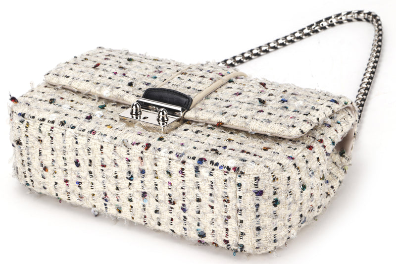 CHRISTIAN DIOR MISS DIOR FLAP WHITE TWEED SILVER HARDWARE, WITH CARD, KEYS, DUST COVER & BOX