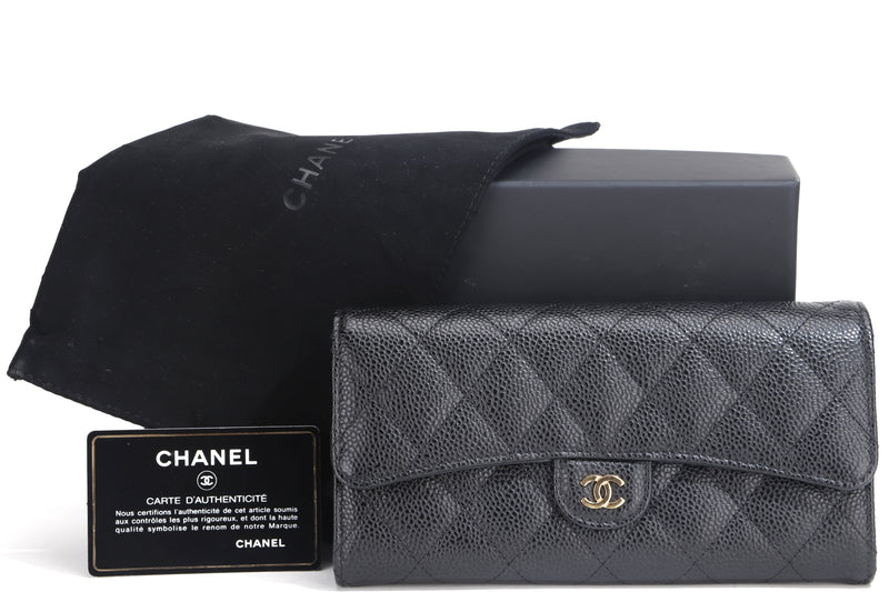 CHANEL LONG FLAP WALLET (2482xxxx) BLACK CAVIAR LEATHER GOLD HARDWARE, WITH CARD, DUST COVER & BOX