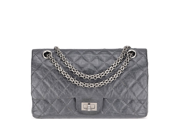 CHANEL REISSUE 2.55 2005 (1030xxxx) SMALL GREY DISTRESSED CALFSKIN SILVER HARDWARE, WITH CARD, DUST COVER &amp; BOX