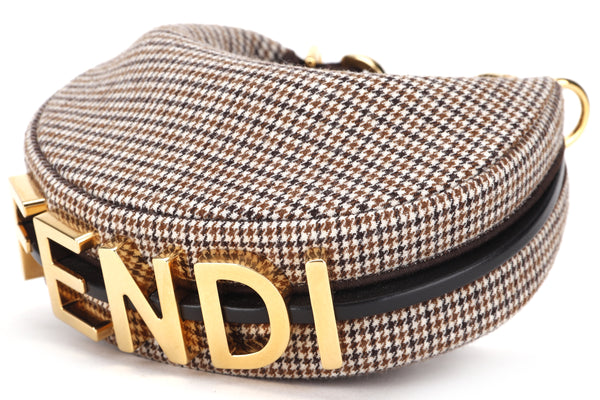 FENDI FENDIGRAPHY NANO (7AS089 AL9Z P·0189) BEIGE WOOL HOUNDSTOOTH MOTIF  GOLD HARDWARE, WITH DUST COVER