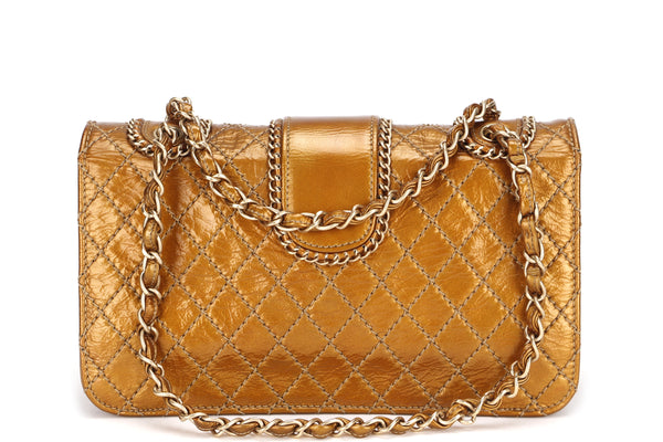 CHANEL MADISON FLAP BAG (1144xxxx) MEDIUM GOLD QUILTED PATENT LEATHER GOLD HARDWARE, NO CARD & DUST COVER