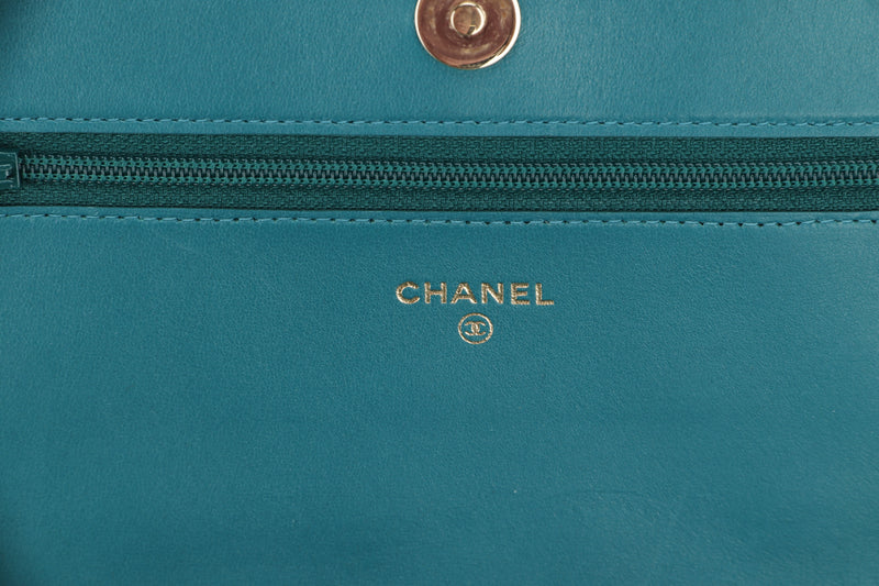 CHANEL LEBOY WALLET ON CHAIN (2866xxxx) GREEN LAMBSKIN LEATHER GOLD HARDWARE, WITH BOX, NO CARD & DUST COVER