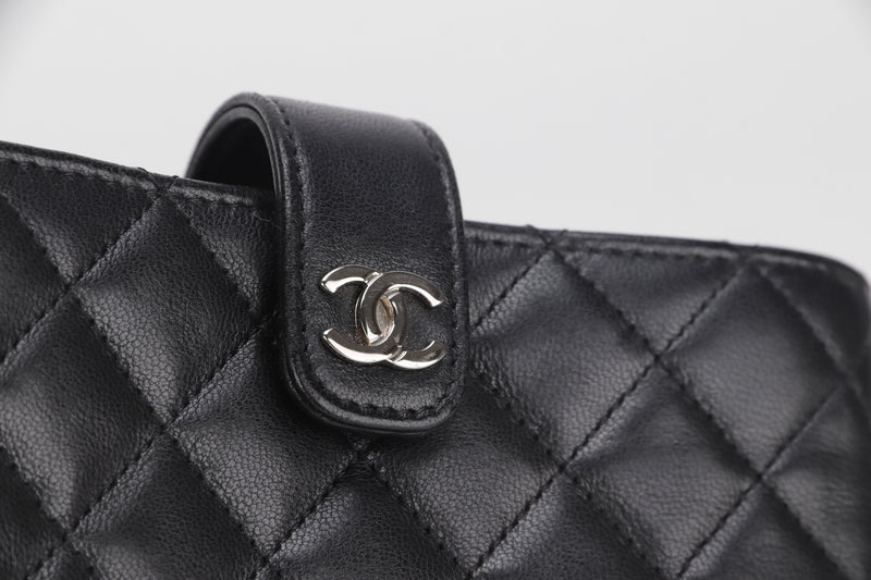 CHANEL O-PHONE HOLDER FRENCH PURSE (1966xxxx) BLACK CALF LEATEHR SILVER HARDWARE, WITH CARD & BOX