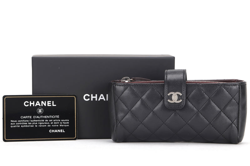 CHANEL O-PHONE HOLDER FRENCH PURSE (1966xxxx) BLACK CALF LEATEHR SILVER HARDWARE, WITH CARD & BOX
