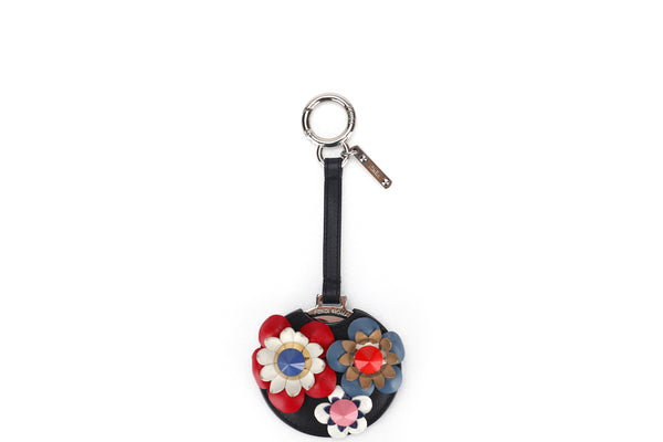 FENDI FLOWER APPLIQUE MIRROR BAG CHARM, MULTICOLOUR LEATHER SILVER HARDWARE, WITH DUST COVER & BOX