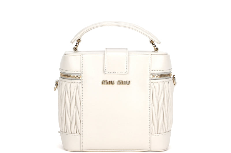 MIU MIU VANITY CASE WHITE LEATHER GOLD HARDWARE, WITH STRAP, CARD & DUST COVER