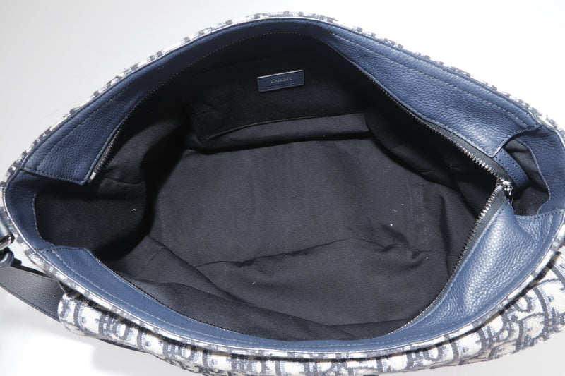CHRISTIAN DIOR SOFT SADDLE HOBO SATCHEL (29-BO-0251) LARGE BLUE OBLIQUE CANVAS SILVER HARDWARE, WITH CARD & DUST COVER