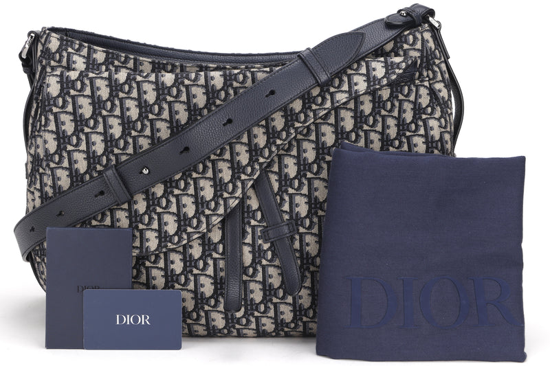 CHRISTIAN DIOR SOFT SADDLE HOBO SATCHEL (29-BO-0251) LARGE BLUE OBLIQUE CANVAS SILVER HARDWARE, WITH CARD & DUST COVER