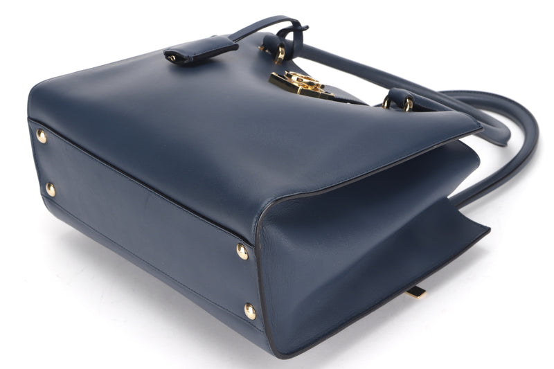SALVATORE FERRAGAMO MARLENE TOTE (AU-21 · D658) W27CM NAVY BLUE CALF LEATHER GOLD HARDWARE, WITH DUST COVER