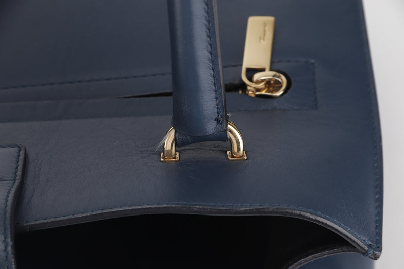 SALVATORE FERRAGAMO MARLENE TOTE (AU-21 · D658) W27CM NAVY BLUE CALF LEATHER GOLD HARDWARE, WITH DUST COVER