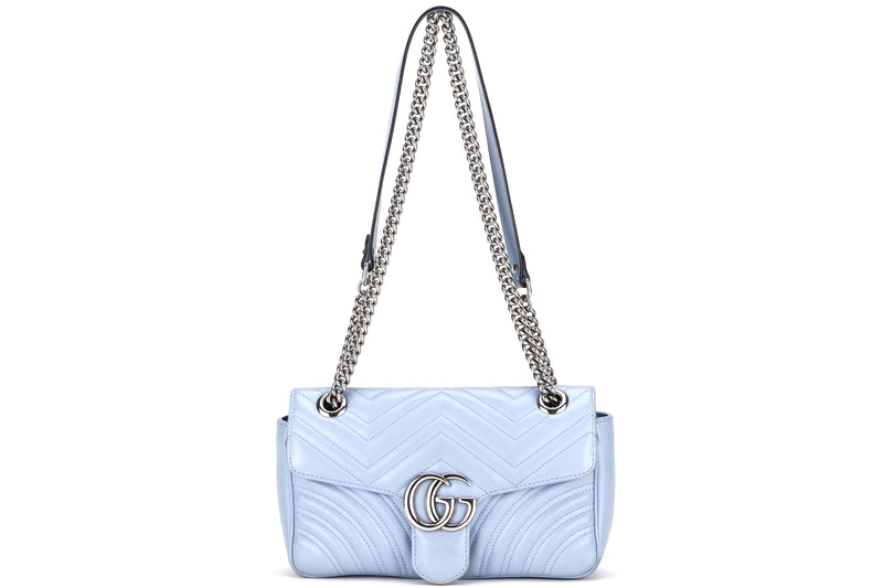 GUCCI GG MARMONT 443497 493075 MATELASSE SMALL BLUE LEATHER SILVER HARDWARE, WITH DUST COVER & BOX