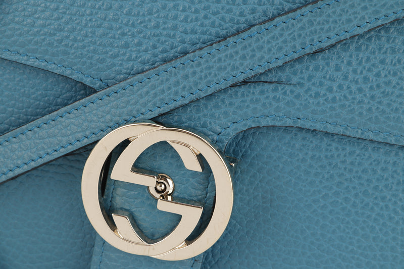 GUCCI 510303 520981 INTERLOCKING GG FLAP HANDBAG, LARGE BLUE LEATHER GOLD HARDWARE, WITH DUST COVER