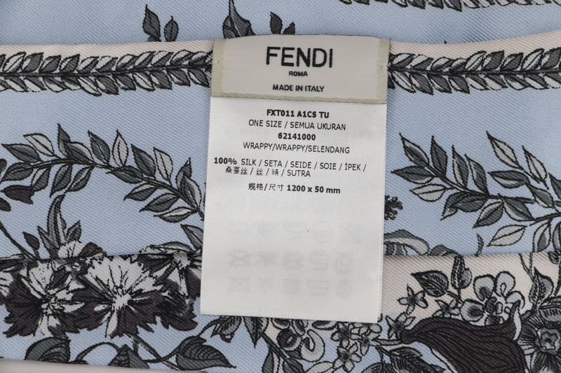 FENDI FXT011 A1CS TU SILK WRAPPY LIGHT BLUE, CREAM LEAVES PRINT, 1200 X 50MM, WITH BOX