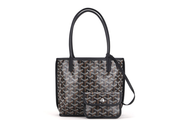 goyard anjou mini tote bag black canvas & brown leather, with dust cover