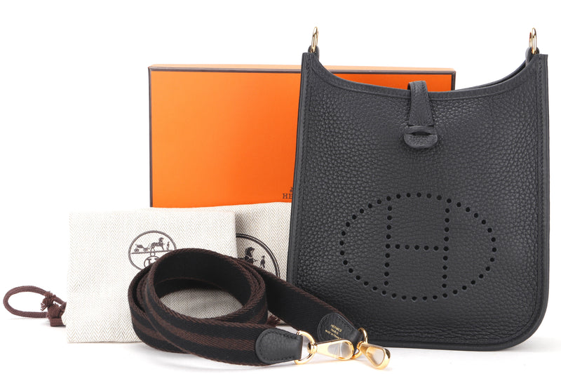 HERMES MINI EVELYNE TPM (STAMP B) BLACK CLEMENCE AMAZONE STRAP GOLD HARDWARE, WITH STRAP, DUST COVER & BOX