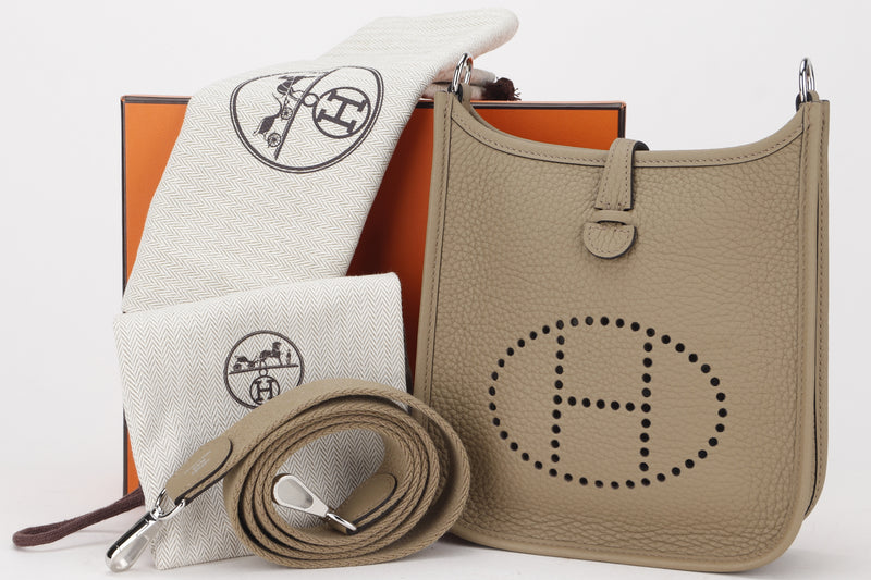 HERMES MINI EVELYNE (STAMP B) BEIGE MARTA COLOR CLEMENCE LEATHER SILVER HARDWARE, WITH DUST COVER & BOX