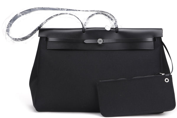 HERMES HERBAG ZIP CANIBE 50CM BLACK CANVAS & HUNTER LEATHER, WITH LOCK, KEYS, DUST COVER & BOX