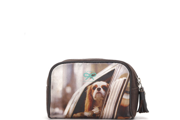 ANYA HINDMARCH DARK BROWN COLOR SMALL POUCH WITH DOG PRINTS, NO DUST COVER