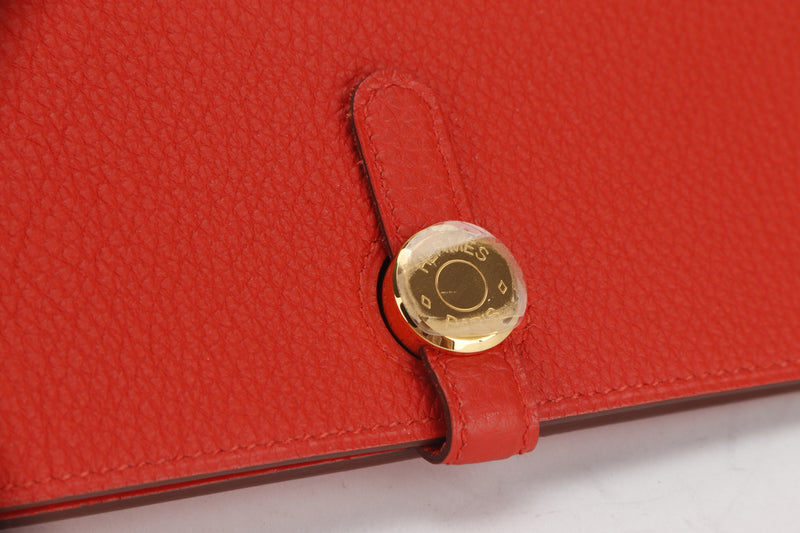 HERMES DOGON DUO WALLET (STAMP Q) GERANIUM COLOR TOGO LEATHER GOLD HARDWARE, NO DUST COVER & BOX