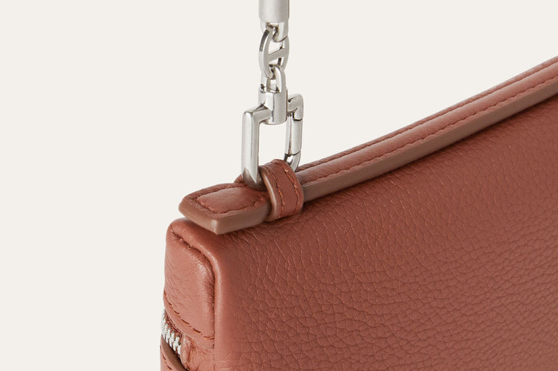 LORO PIANA EXTRA BPOCKET MINI POUCH (FAN9867) GRAINED CALFSKIN KUMMEL COLOR (P500) SILVER HARDWARE, WITH DUST COVER & BOX