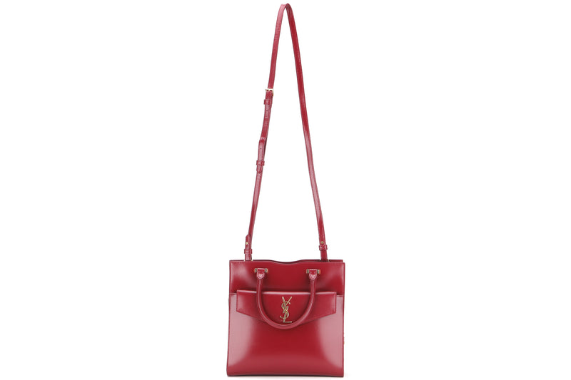 YSL SMALL UPTOWN MAROON BOX LEATHER TOTE, GOLD HARDWARE, WITH STRAP, CARD & DUST COVER